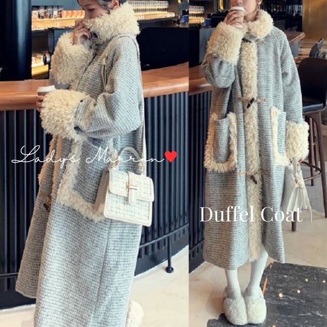 【限定オファー】チェックコート ダッフルコート レディース ブルー ロング かわいい ボア 大人 40代 アウター 秋冬コート 韓国 チェック柄 スタンドカラー 秋 冬 長袖 可愛い ロングコート カ