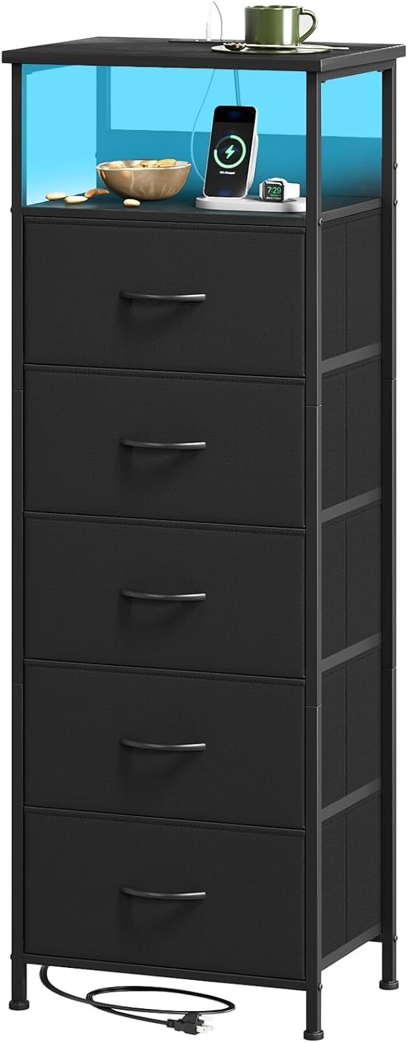 チェスト タンス 収納 棚 引き出し 洋服タンス LED付き USBポート&コンセント付き おしゃれ 布製 たんす 脱衣所 衣類収納 幅42 奥行30 高さ118 リビング 寝室 ベッドサイド 玄関