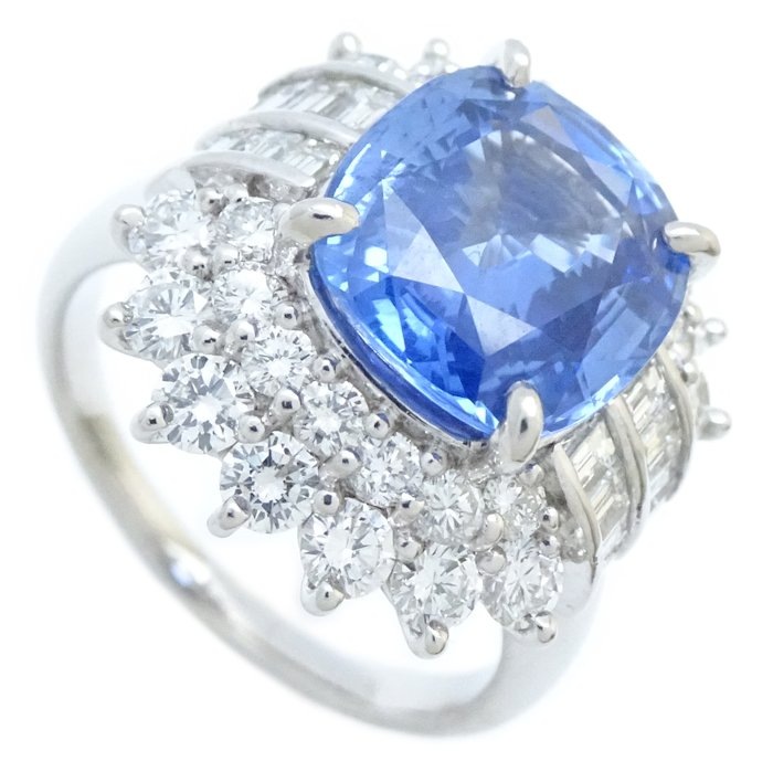 リング 指輪 サファイヤ5.10ct ダイヤモンド2.02ct 18号 鑑別書付き 非加熱 スリランカ産 Pt900プラチナ/64958【中古】