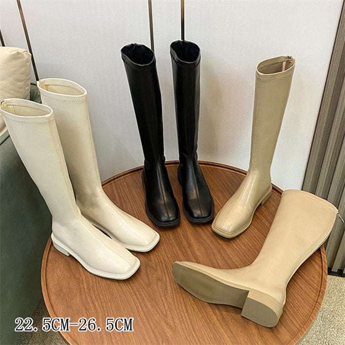 ロングブーツ ゆったり ブーツ レディース 長靴 美脚 暖かい 防寒 履きやすい 大きいサイズ 上品 大人 歩きやすい 太ヒール PU 黒 シンプル 可愛さアップ 冬靴 膝 ジョッキーブーツ