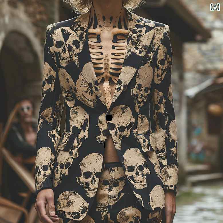 パフォーマン ステージ パーティー ハロウィン 春秋 衣装 立体感 プリント ボタン シングル ドクロ セットアップ スーツ スカル