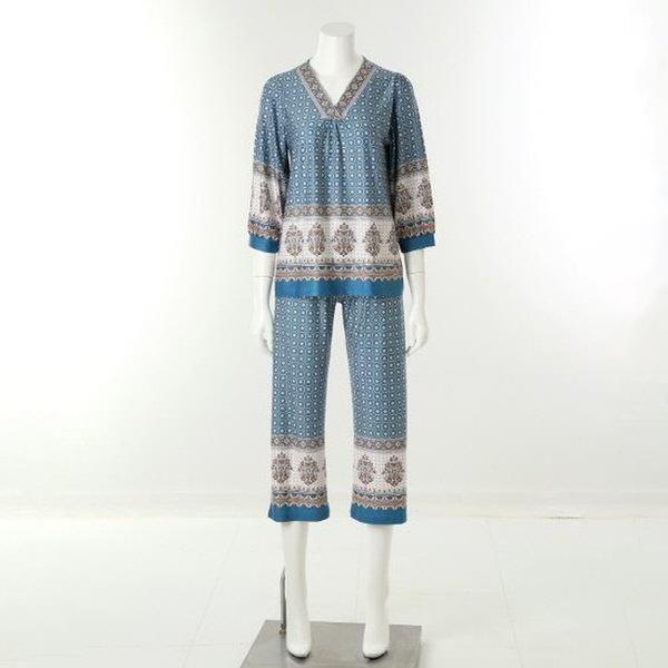 VEV3982W_女性スパンボーダー染めホームウェア上下セット