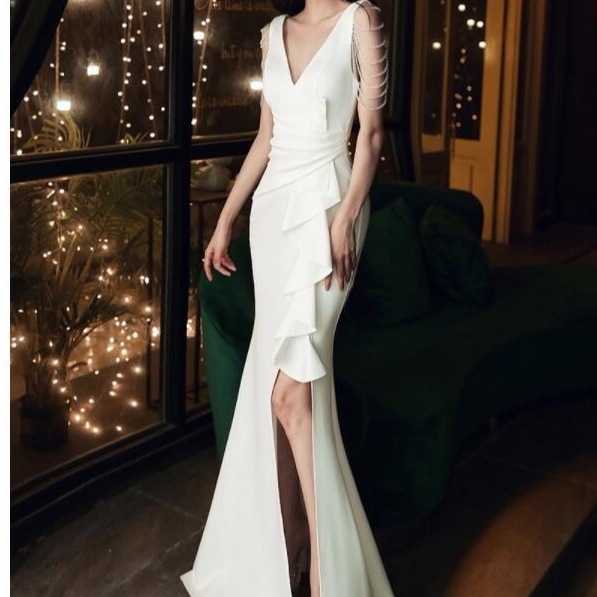 パーティードレス　袖なし　Vネック　3色　セクシー　キャバドレス　結婚式　ロング丈　着瘦せ　韓国ファッション