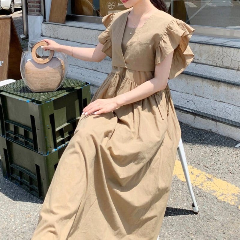 3color レディース ワンピース ノースリーブ フリル オーバーサイズ ホワイト ベージュ 5,031円