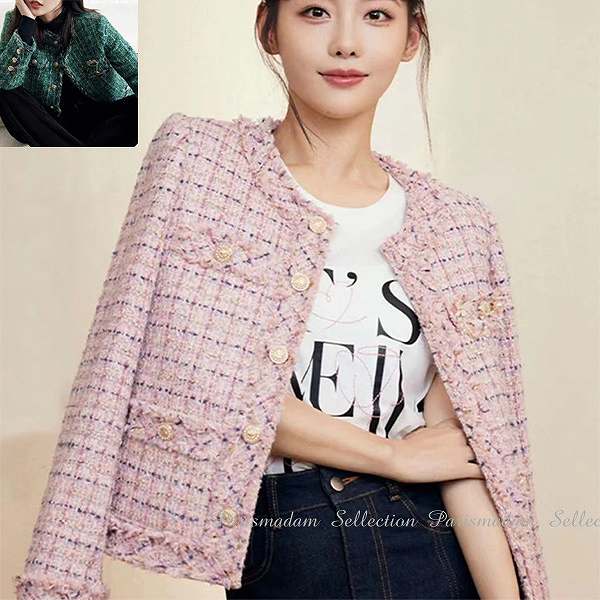 期間限定ノーカラージャケット　ショートジャケット　ピンク　グリーン　入学式　結婚式大きいサイズ有り　パーティーツイード20代30代40代50代60代