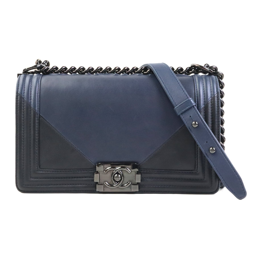 シャネル CHANEL ショルダーバッグ レザー/メタル ネイビー/ブラック レディース e60875g