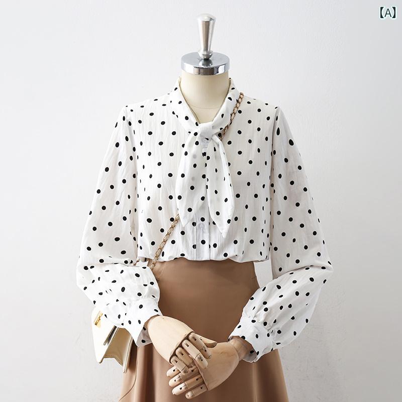 レディース シャツ シフォンブラウス 長袖 トップス 白 アプリコット 黒のドット柄 春秋 リボンタイル襟 プルオーバー エレガント うさぎ耳リボン カジュアル トップス ソフト 多用途