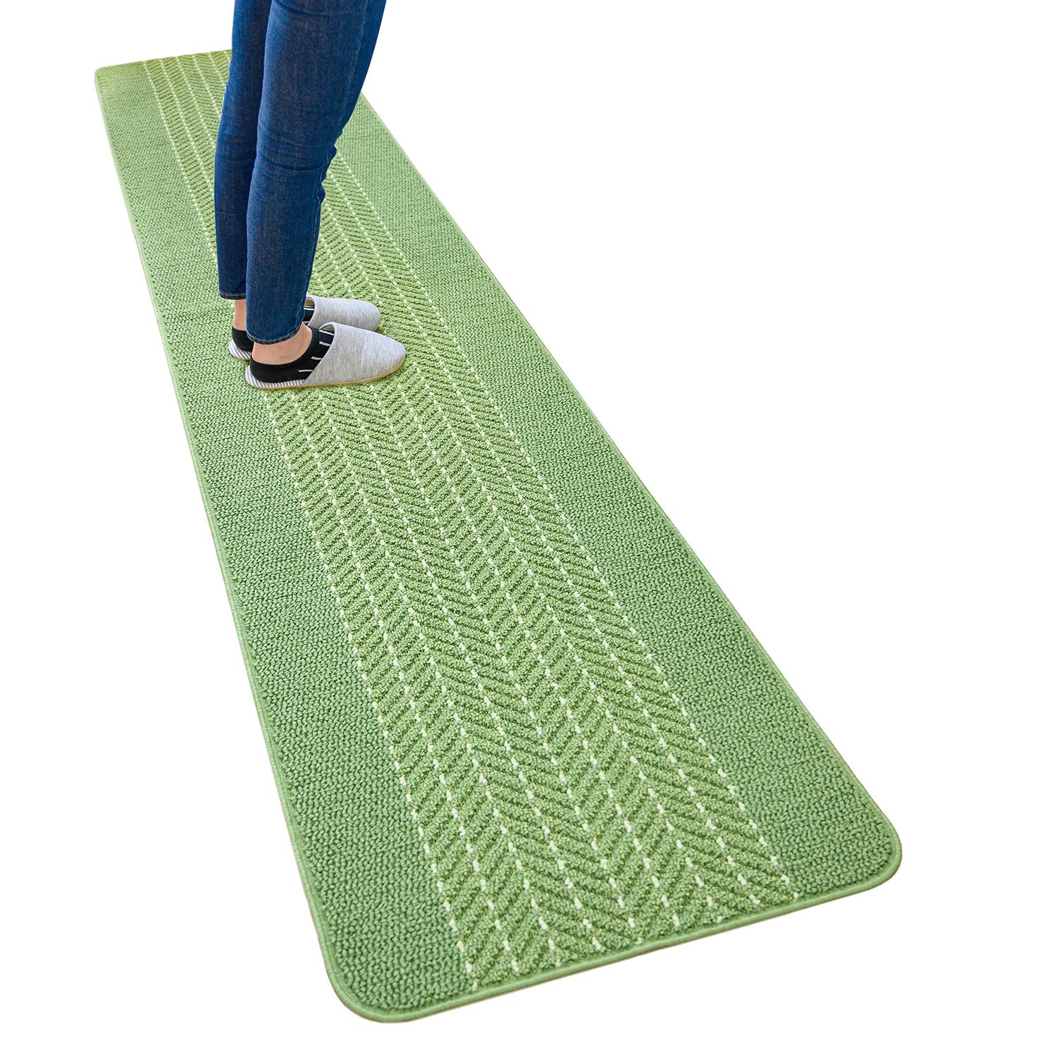 オカ(OKA) 優踏生 洗いやすいキッチンマットヘリンボン 約60cm×270cm グリーン (すべらない 日本製 北欧)