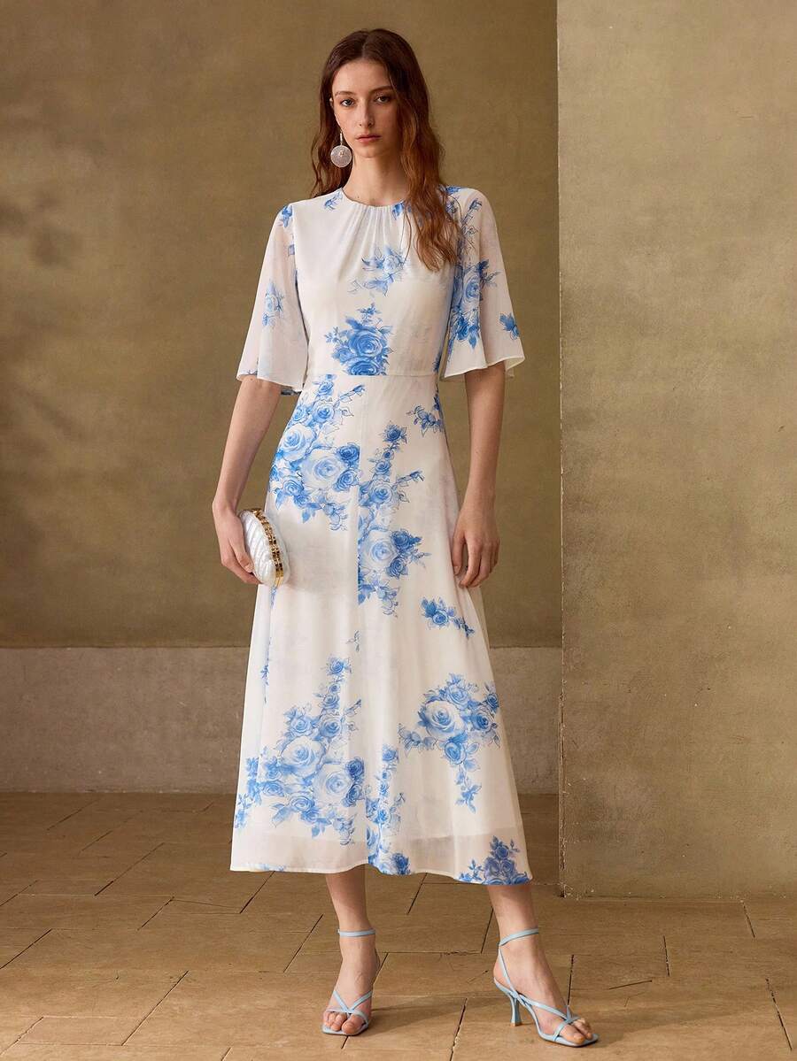 女性用シフォンフローラルプリントラウンドネック半袖ミドル丈ドレスカジュアル&デートウェア春夏