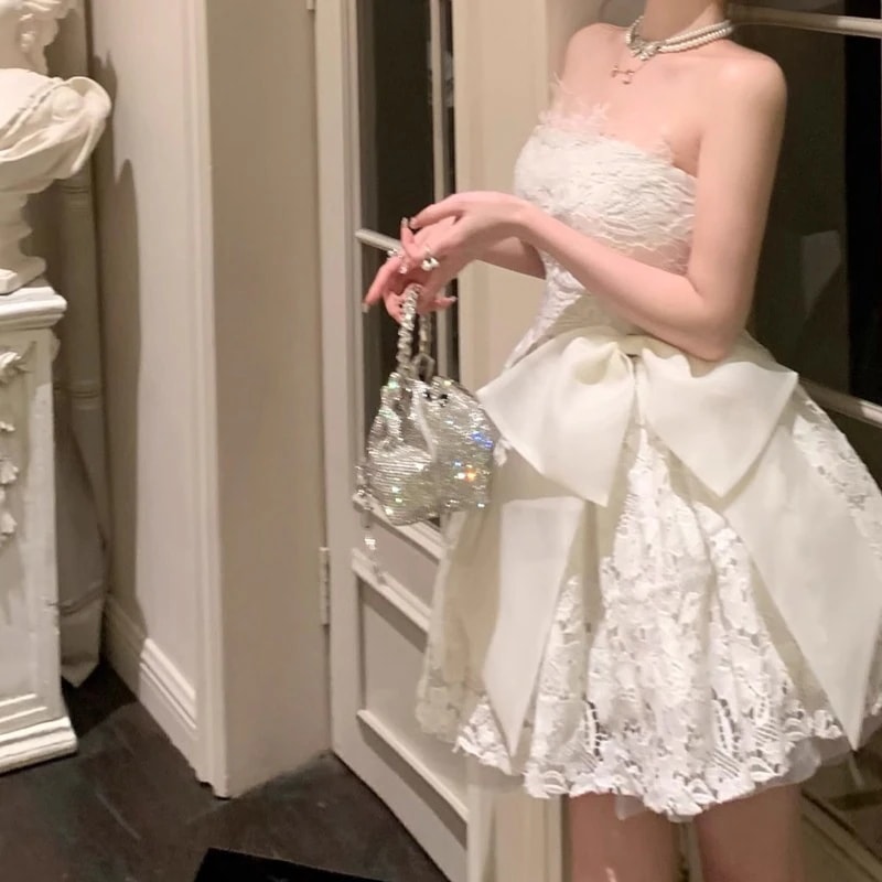 ワンピース ドレス パーティドレスウェディングドレ 結婚式二次会 披露宴 シースドレスショートドレス早春白いレースのドレス