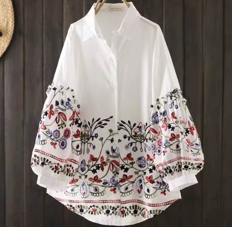 レディース トップス シャツ ミドル丈 長袖 Vネック 襟付き ワイド 刺繍 かわいい 大人可愛い きれいめ カジュアル おしゃれ レトロ エキゾチック ガーリー 個性的 ナチュラル 花柄 フラワー