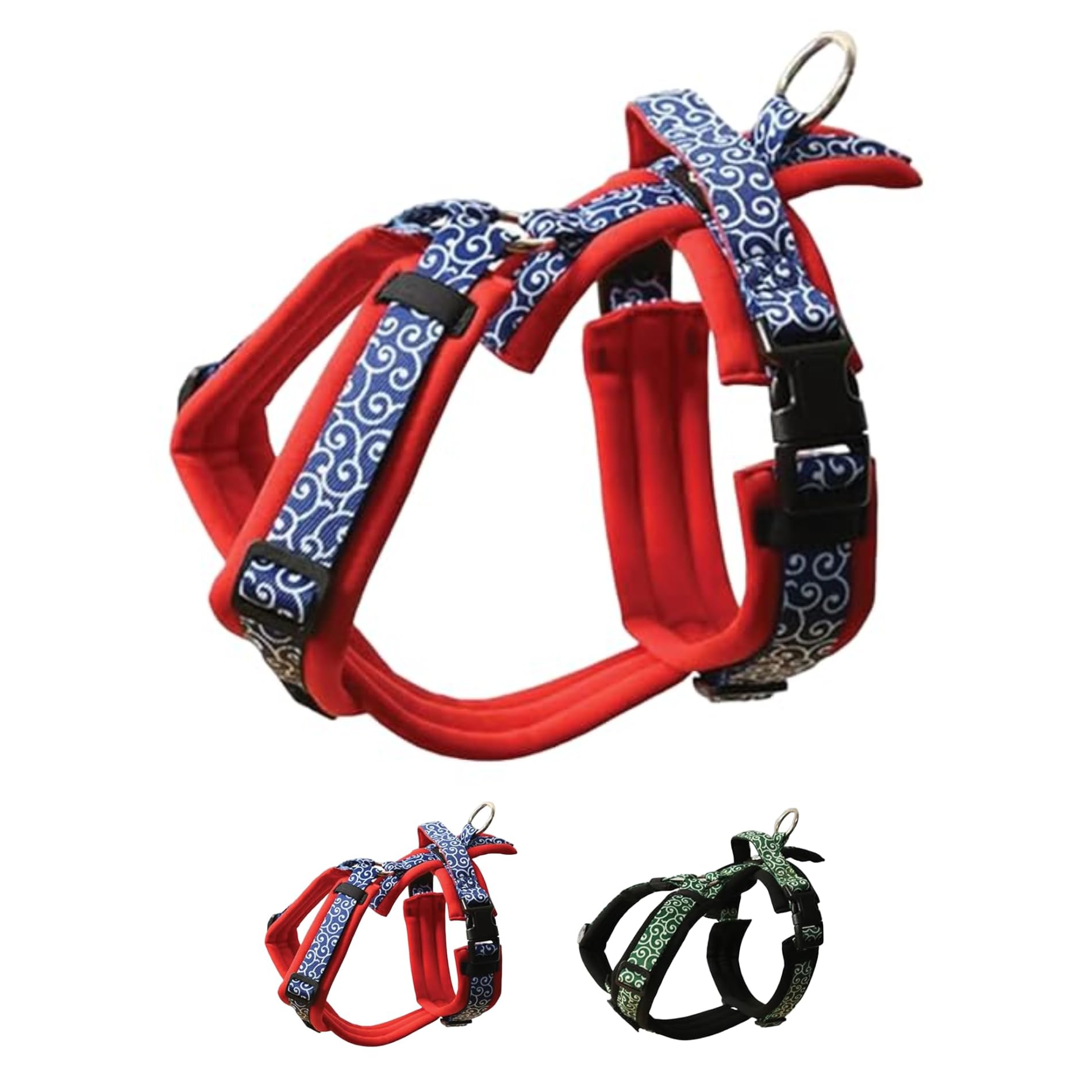 Hakusan ゼロハーネス 負担軽減 犬用ハーネス サイズ調整可 簡単着脱 夜間反射材 軽量 通気 ハンドル付き ネームプレート S サイズ 唐草・レッド×ネイビー