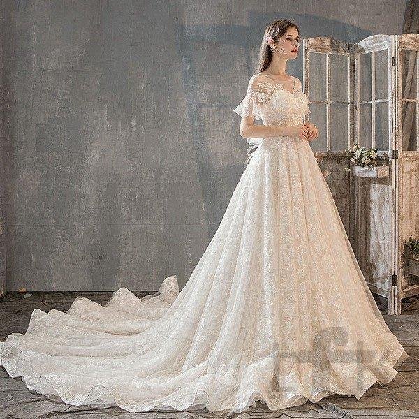 ウェディングドレス ウェディングドレス白 パーティードレス パフスリーブ 花嫁ロングドレス 簡約 結婚式 露背 二次会 レース お呼ばれ 挙式 姫系