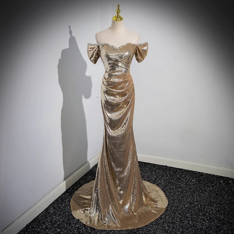 ゴールデンイブニングドレス女性ハイエンドホストワンショルダートレーリングスパンコールベルカントソロボーカルアートテストドレススカート 6,718円