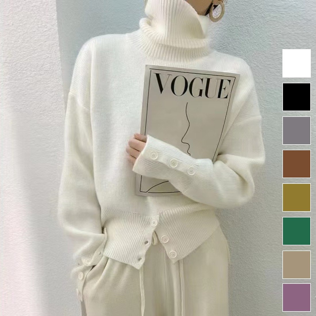 ボタンがポイントのタートルネックニット タートルネック ニット セーター 長袖 ハイネック ボタン