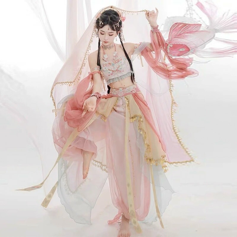 2件を15%値下げ 中華風アラビアン コスプレ衣装 ピンク系 ベールとリボンの姫袖付き ひらひらの5点セット 大人 中華 飛天 漢唐古典風 ダンス衣装 裾フリル付きのブラトップ スカーフ付きひらひら