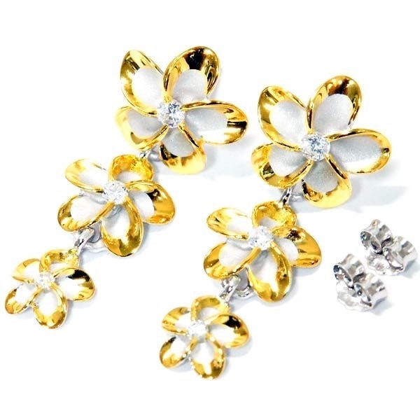ハワイアンジュエリー スタッドピアス プルメリア 花 3連 グラデーション クリアジルコニア イエローゴールド ペアカラー レディース シルバー925