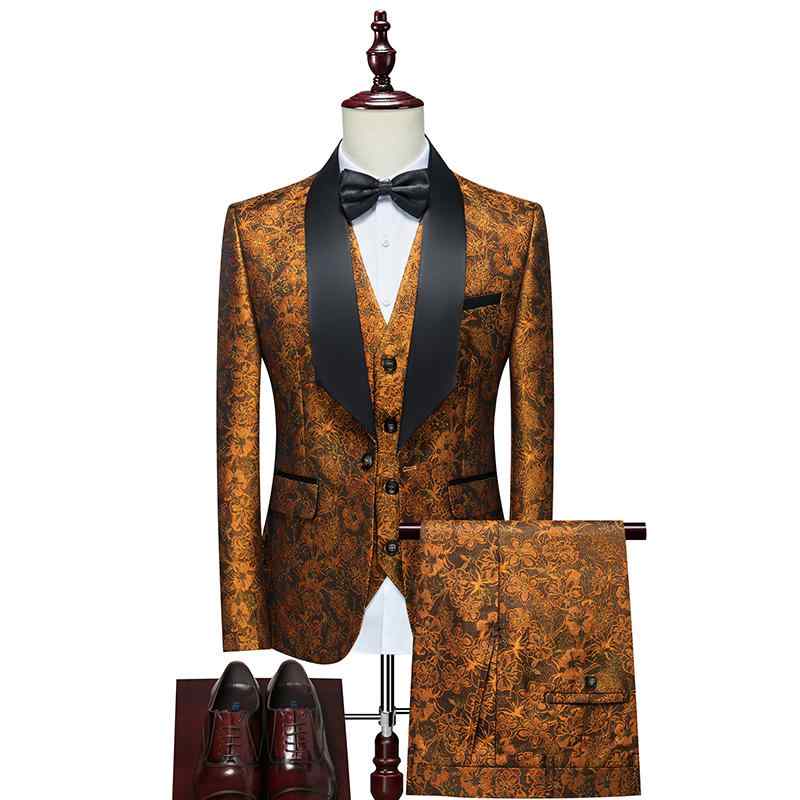 メンズ スーツ セット 総柄 派手 パーティー 英国 カラー 光沢 ジャカード 刺繡 スリム ウェディング パフォーマンス