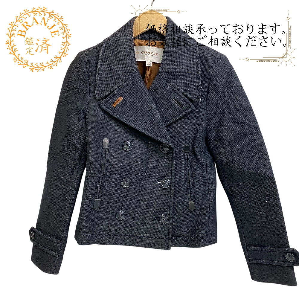 ラメ入り ダブルボタン フェイクポケット コットン ピーコート ネイビー ブランド