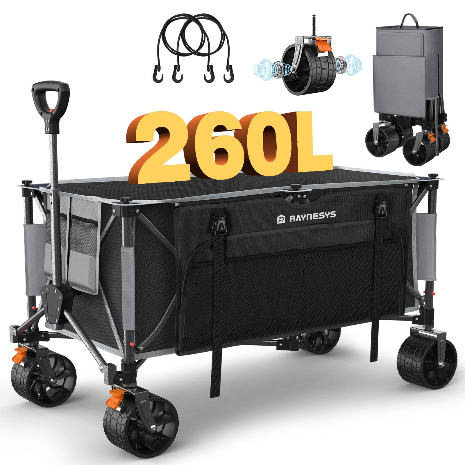 Raynesys キャリーワゴン 大容量260L 耐荷重200kg アウトドアワゴン 折り畳み式キャンプカート ワンタッチ収束式 自立収納 静音 ブレーキ付き 収納カバー付き キャンプ/砂浜/釣り/引