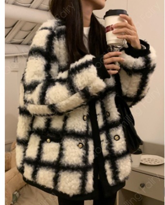 【最安値挑戦】 【期間限定】ファーコート エコボアコート レディース 40代 秋冬新作 エコファーコート チェック柄 ゆったりアウター 毛皮コート 暖かい ファージャケット オシャレ大人上品-44