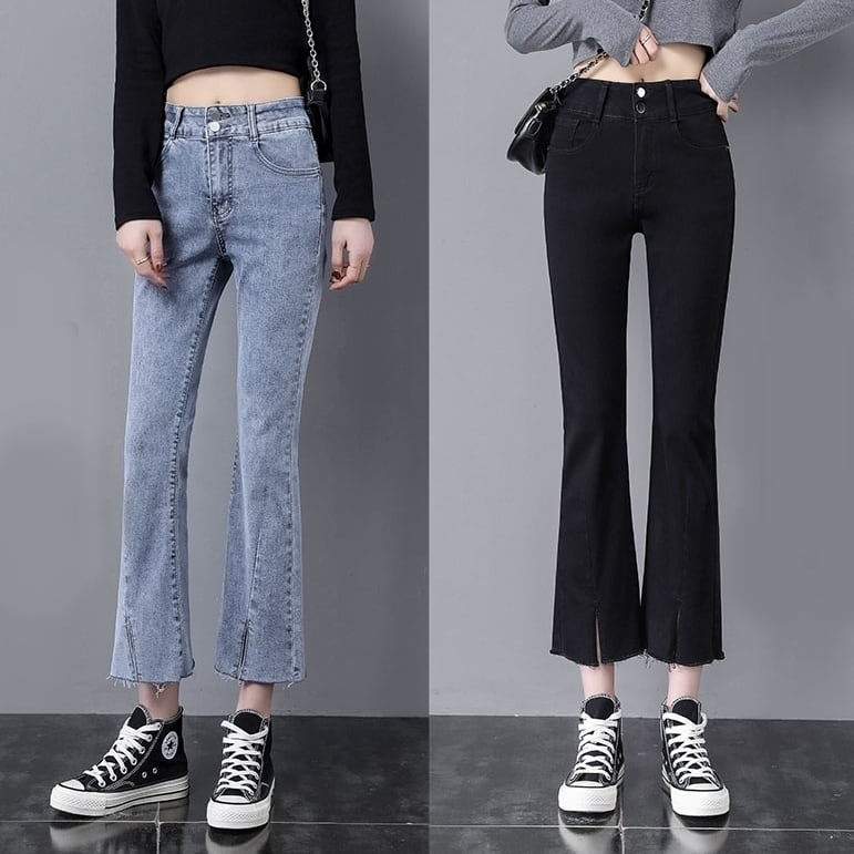 ダメージ ジーンズ 長ズボン フレア ジーパン スリット カットオフ セミフレア パンツ ハイウエスト ストレッチ ミモレ 丈 スキニー スリット ストレッチ 美脚 動きやすい 韓国 かわいい lbo