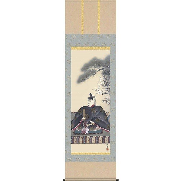 掛軸/慶祝縁起画/天神/天神/清水雲峰/三美会/洛彩緞子本表装/尺五サイズ幅54.5cm/桐箱畳紙収納/表装品質十年保証