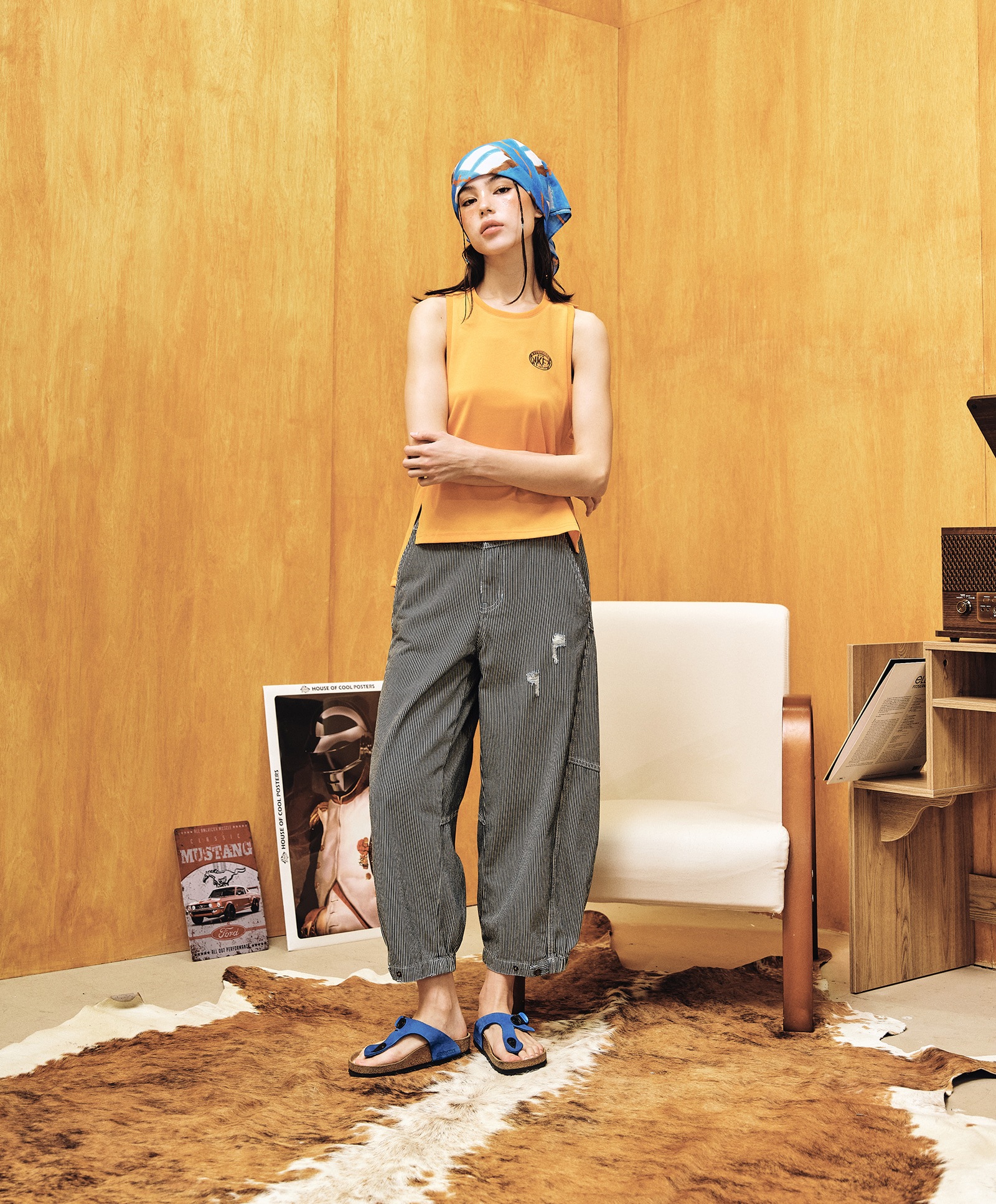 WASHING CURVED BALLON JEANS [BLUE(STRIPE)]