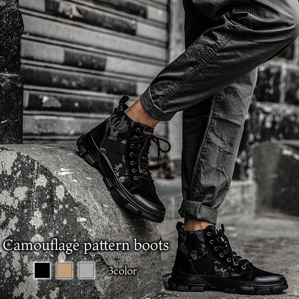 スニーカー メンズ カモフラ柄ブーツ かかとなし 結ばない レザー ブラック 冬 疲れない シークレットシューズ 4E 本革 ランニング 身長UP 夏 ホワイト おしゃれ 赤 白 黒 厚底 ハイカット