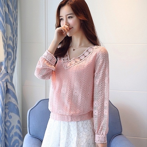 2075.Vネック花柄レーストップス(ピンク)