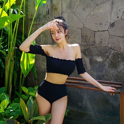 【新作】セール 水着　レディース　体型カバー　ママ水着　可愛い フリル オフショルダー ハイウエスト シンプル ビキニ タンキニ セクシー 体型カバー ブラック　大人女子　オトナ女子　カバーアップ　セ