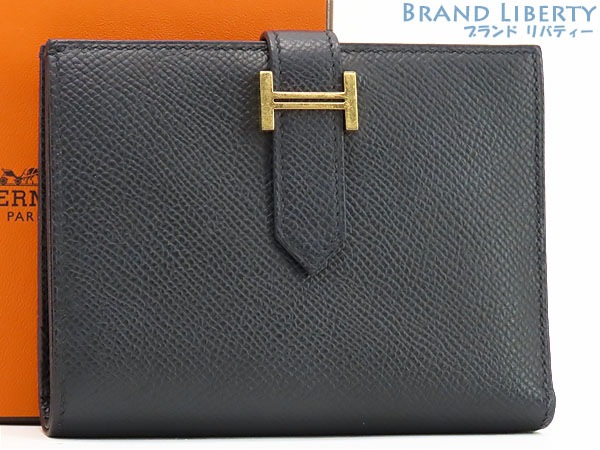 美品エルメスHERMESベアンコンパクト二つ折り財布コンパクト財布ブラックゴールド金具ヴォーエプソンB刻印2023年製