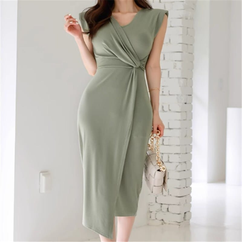 ドレス パーティドレス 二次会ドレス ミモレ丈ドレス フォーマルドレス ミモレ ノースリーブ Vネック ハイウエスト 胸元 谷間 かわいい 大人可愛い きれいめ シンプル 大人 上品 おしゃれ