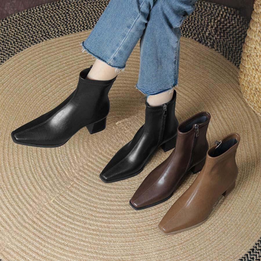 2025新品 数量限定 ショートブーツ レディース 茶色 ブーティ ブラウン 黒 歩きやすい 太ヒール ブラック スクエアトゥ チャンキーヒール スクエア サイドジップ 太いヒール 短納期