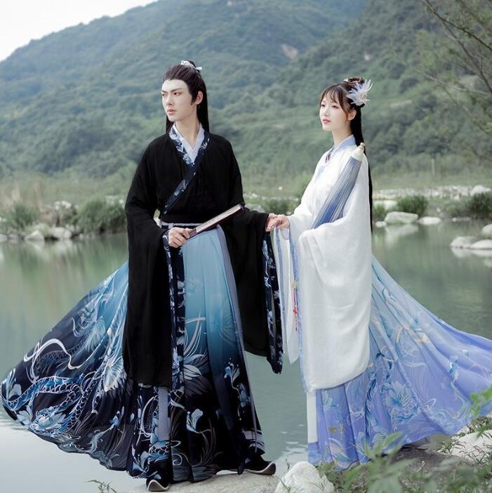 男女兼用漢服唐装　3点セットアップ　山海経柄　中華カップル振袖漢服　グラデーションスカート　振袖ｔシャツ　中華古風コスプレ衣装　イベント　メンズレディースチャイナ舞台ステージ服　ハロウィン　クリスマス