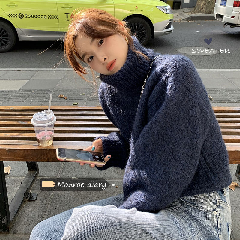 トップス セーター 長袖 紺 ネイビー ハイネック エレガント 無地 冬 レディース 紫 パープル