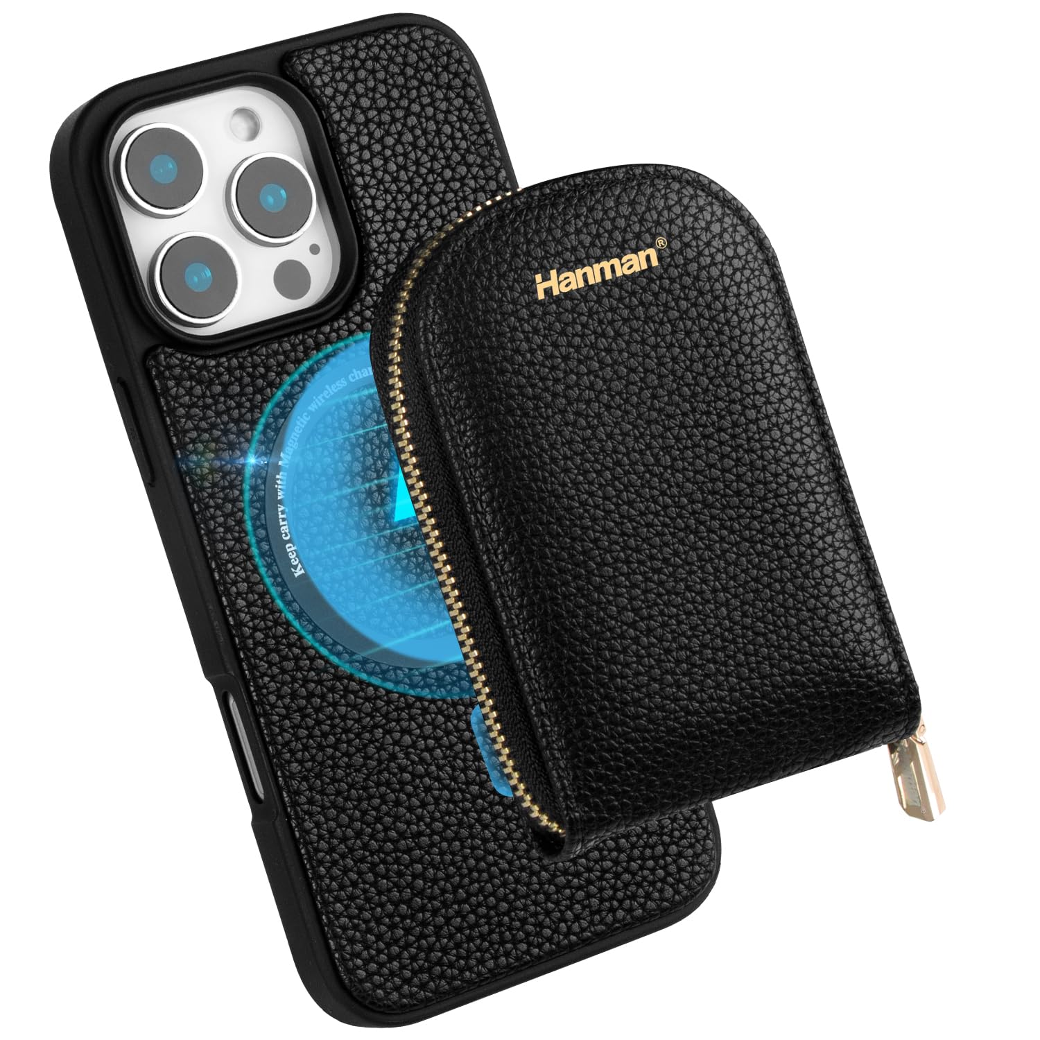 Hanman マグネット式ウォレット型スマホケースと互換性のあるiPhone 16 Pro Max，取り外し可能な保護カバー付き2in1デザイン，札入れ4つとカードスロット2つを備えたジッパー付きバッ