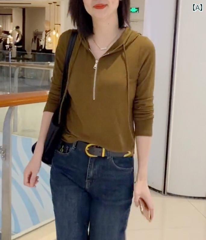 パーカー レディース カジュアル トップス カジュアル トップス 快適 普段着 マザー 韓国 カーキ ハーフ ジップ 長袖 フード付き T シャツ パーカー 女性 秋 スリムフィット