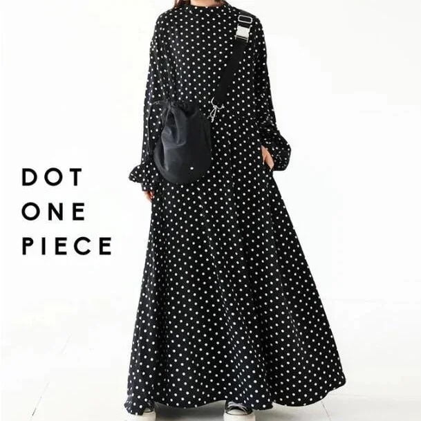 ロングワンピース ドット 長袖ワンピース 日系 夏 体型カバー 着痩せ Tシャツワンピース ワンピース レディース 韓国ファッション30%制限