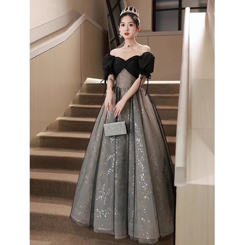 ブラックワンショルダーイブニングドレスハイエンド誕生日パフォーマンスプリンセスドレス2024春