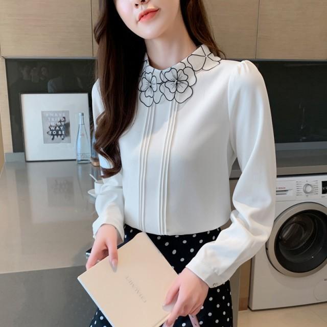 大人可愛い ブラウス レディース 長袖 スタンドカラーブラウス トップス 花モチーフ 襟 通勤服 オフィス 大きいサイズ 5色 オフィス ビジネス OL モテ 清楚 S M L XL 2XL 3XL