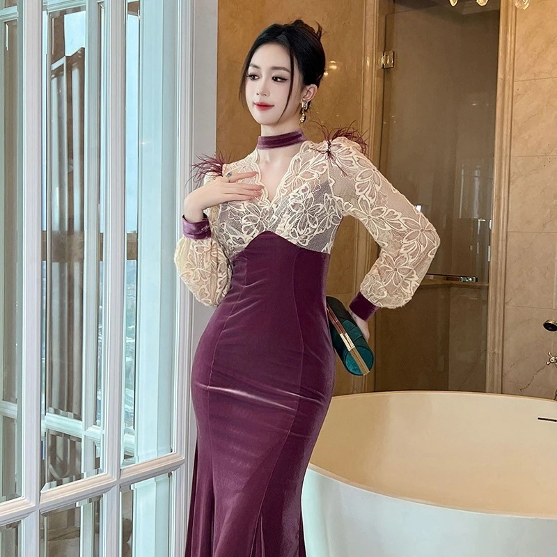 【JY.上品】 2024秋 vネック レース ドッキング マーメイドワンピ パーティードレス キャバ 着痩せ 大人 お呼ばれ 同窓会 披露宴 卒業式 結婚式 ウェディング 二次会 成人式