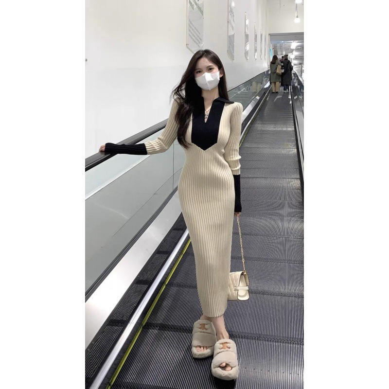 【1つ買うと10つ無料】対照的なvネックニット長袖のドレスメスの早春と秋のウエストスリムヒップスカートの長いスカート