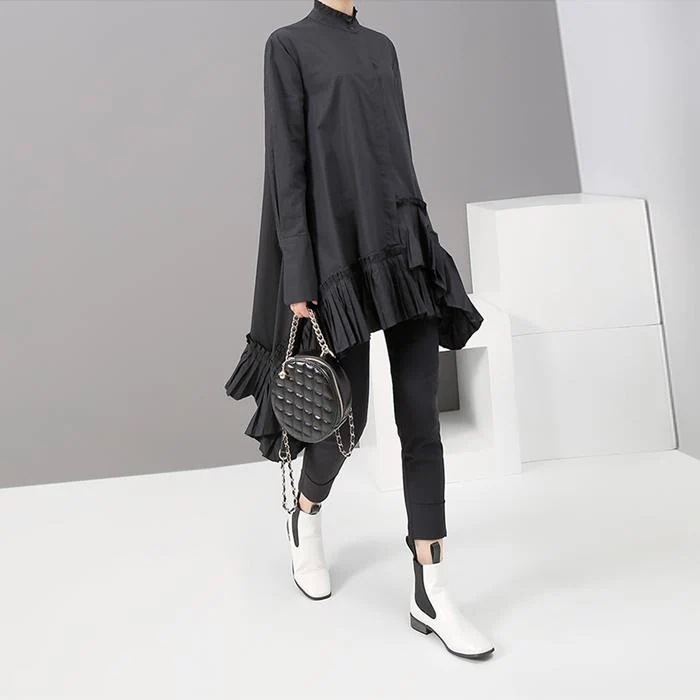 アシンメトリー ロングワンピース レディース 長袖 春 ロングワンピ ダブルフリル フィッシュテール ワンピース ティアード ヘムカット ワンピ イレギュラーヘム ゴシック モード系 ドレー