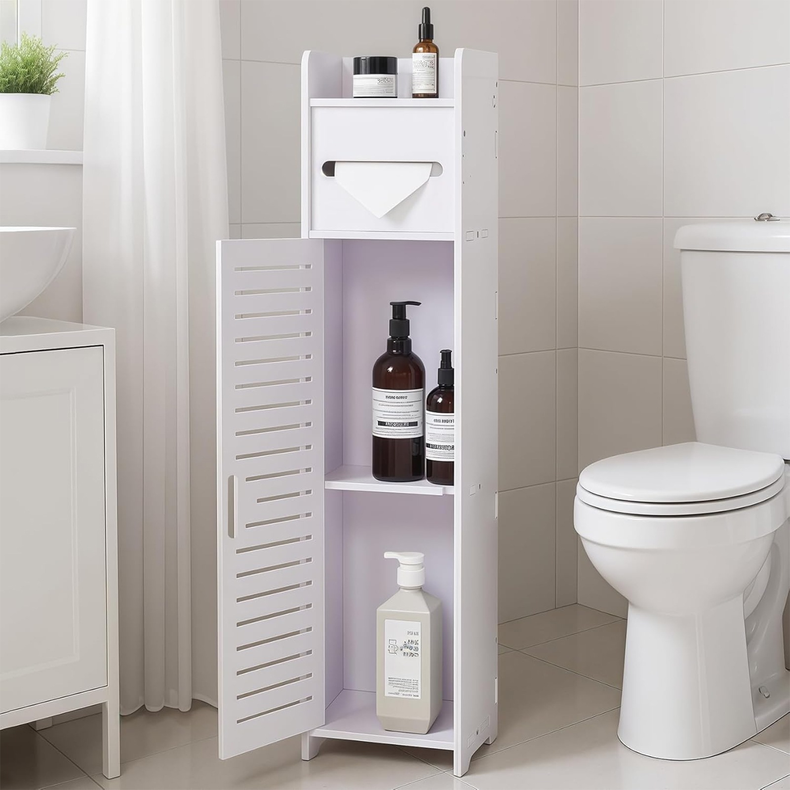 トイレ収納ラック スリム 15×15×80cm ティッシュ収納 扉付き ホワイト
