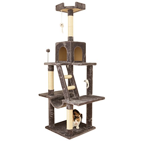 アイリスプラザ キャットタワー ハンモック 爪とぎ コンパクト おもちゃ付き 据え置き型 仔猫にも グレー キャットランド 高さ155cm