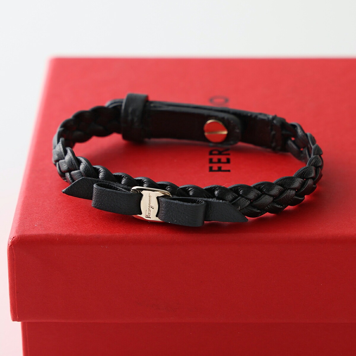 FERRAGAMO フェラガモ ブレスレット 762501 707377 レディース ヴィラリボン レザー 編み込み アクセサリー ロゴプレート NERO/ORO