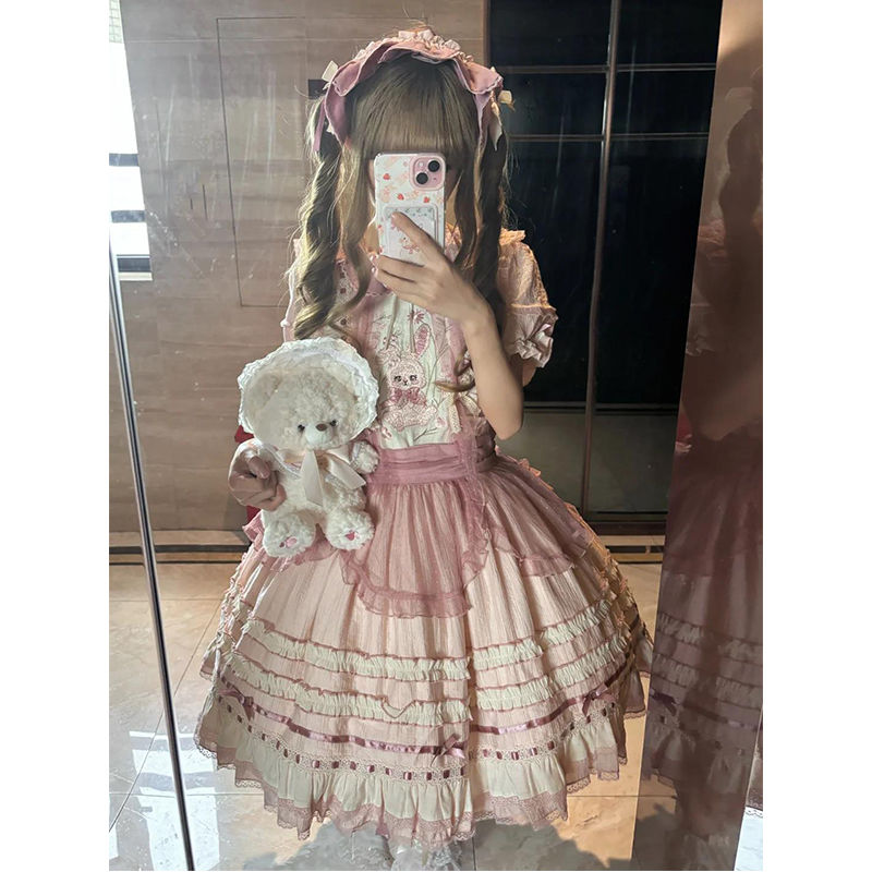 【2枚購入で 3oo円OFF！】ピンクのウサギ刺繍女の子ロリータスカートオペラドレスかわいい日常の女の子ハートロースカートnew