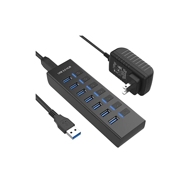 JESWO USB ハブ 電源付き USB Hub 7ポート 5V/3A ACアダプタ付き USBハブ 3.0 セルフパワー/バスパワー USB拡張 5Gbps高速転送 独立スイッチ付き PS4/5