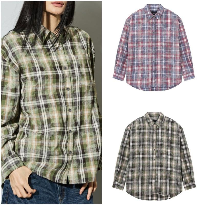 女性用染色ルーズフィットチェック長袖シャツB253SH510P_US